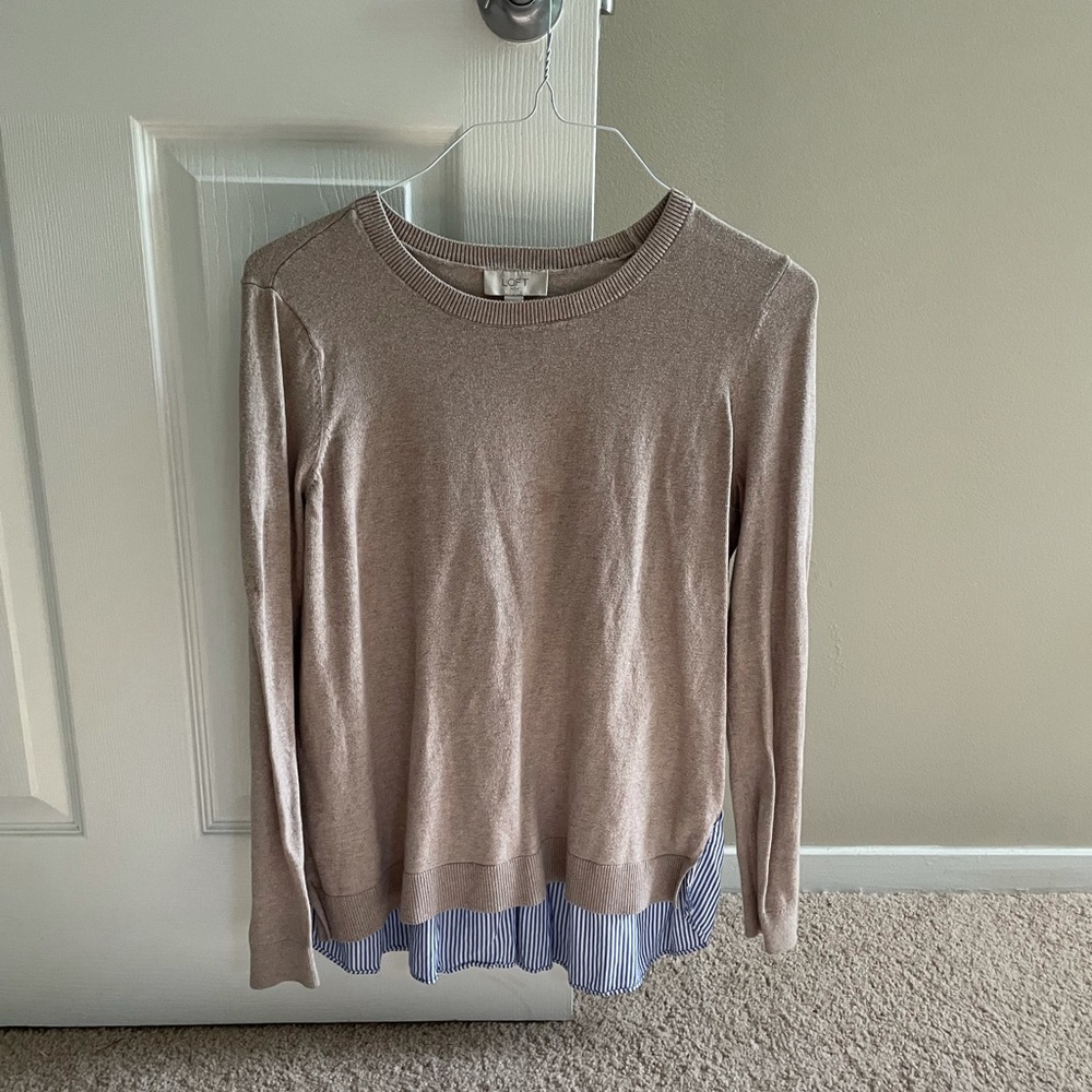 Loft Sweater, Size L, Light Brown/Beige with blue & white stripe detail on back
